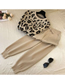 Fashion Khaki Acrylic Leopard Print Crew Neck Top Drawstring Pants Set
