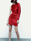 Fashion Red Silk-satin One-sided Long-sleeve Pleated Dress