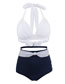 Fashion Blue Dot + Orchid Polyester Halter Neck Tie High Waist Two-piece Swimsuit
