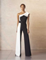 Fashion Black And White Contrast Paneled One-shoulder Jumpsuit
