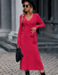 Fashion Wo Red V-neck Tie Solid Color Knit Dress