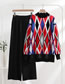 Fashion Coffee Slim Knitted Rhombus Tops Pants Two -piece Suit