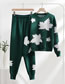 Fashion Dark Green Russian Flower Nail Pearl Round Collar Sweater Knitted Suit