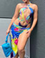 Fashion Color Polyester Tie-dye Halter Neck Hollow One-piece Swimsuit Knotted Beach Dress Two-piece Set