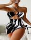 Fashion Blue Polyester Printed Halter Neck Tie One-piece Swimsuit Set