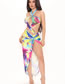 Fashion Color Polyester Halter Neck Cutout Print One-piece Swimsuit Two-piece Set