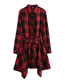 Fashion Red Black Grid Polyester Check Lapel Collar Button-up Tie Dress