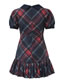 Fashion Navy Blue Polyester Check Lapel Puff Sleeve Dress