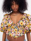 Fashion Yellow Polyester Printed V-neck Puff Sleeve Cropped Top