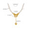 Fashion Gold Titanium Steel Pearl Beaded Heart Tassel Bow Necklace