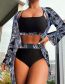 Fashion 2# Polyester Printed High Waist Two-piece Swimsuit Three-piece Set  Polyester