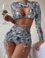 Fashion Grey Polyester Printed Drawstring Two-piece Swimsuit Four-piece Set  Polyester