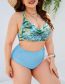 Fashion Blue Polyester Print High Waist One-piece Swimsuit  Polyester