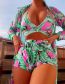 Fashion Green Polyester Printed High Waist Two-piece Swimsuit Three-piece Set  Polyester