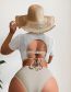 Fashion Khaki Solid Color Fishnet Blouse Short-sleeved Two-piece Swimsuit Three-piece Set  Polyester