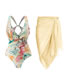 Fashion Yellow Flower Set Polyester Printed V -neck Swimsuit Decorative Beach Skirt Set