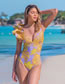 Fashion Strappy Bikini Polyester V-neck Ruffled Print High-waist Swimsuit