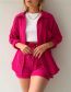 Fashion Pink Polyester Ruched Lapel Cardigan Lace-up Shorts Set
