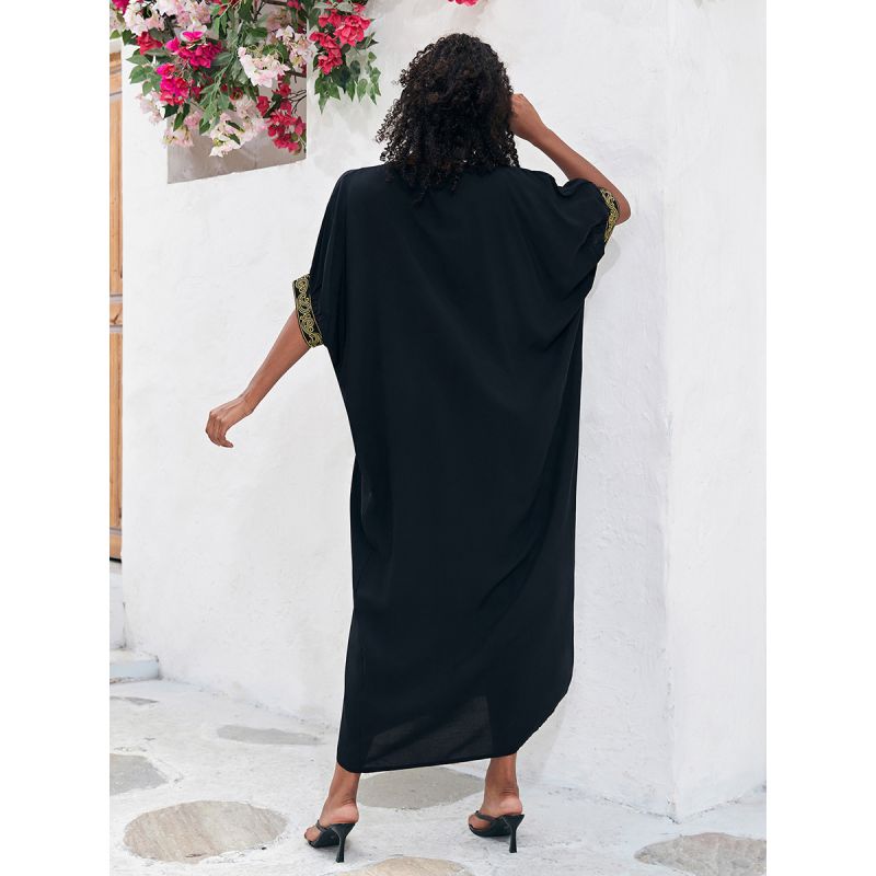 Fashion Black Cotton Embroidered V-neck Long Skirt