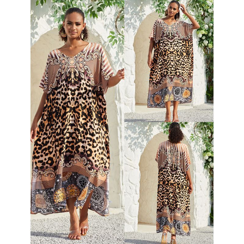 Fashion Leopard Print Cotton Printed V-neck Long Skirt