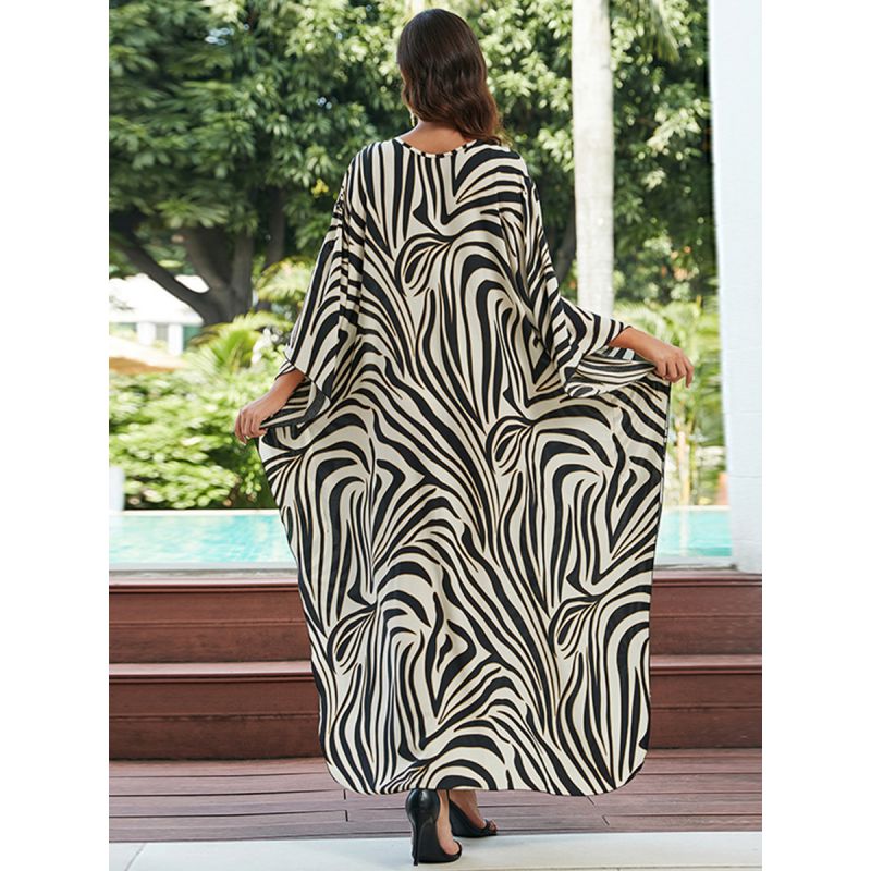 Fashion Beige Zebra Cotton Printed V-neck Long Skirt