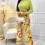 Fashion Green Polyester Crew Neck Long Sleeve Top Printed Trousers Suit