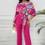 Fashion Rose Red Polyester Printed Off-shoulder Shirt And Trouser Suit