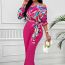 Fashion Rose Red Polyester Printed Off-shoulder Shirt And Trouser Suit