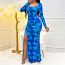 Fashion Blue U-neck Printed Long-sleeved Slit Strappy Dress