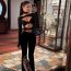 Fashion Black Hollow Long Sleeve T-shirt High Hip Flared Trousers Suit