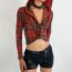 Fashion Red Long Sleeve Hooded Plaid Crop Top