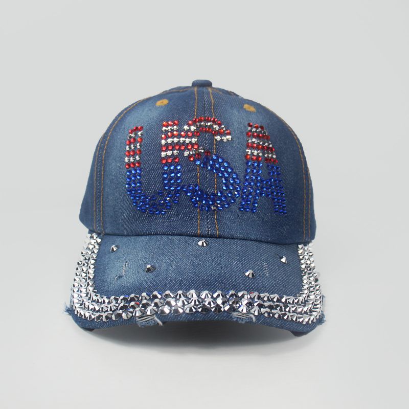 Fashion Navy Blue Cotton Diamond-embellished Denim Baseball Cap