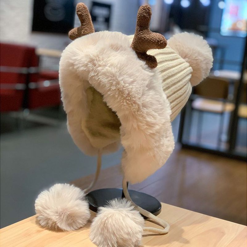 Fashion Khaki-antler Plush Hat Deer Antler Fur Ball Ear Protection Hood