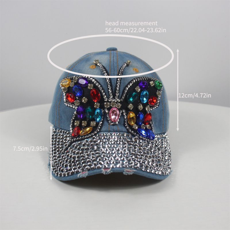 Fashion Navy Blue Cotton Diamond-embellished Butterfly Brim Baseball Cap