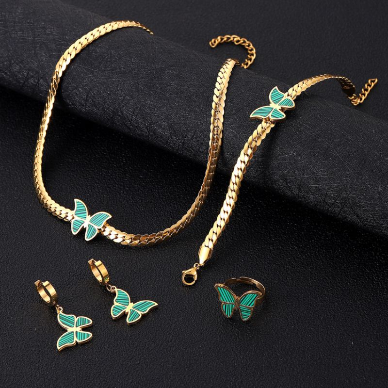 Fashion Black Butterfly Suit Titanium Steel Shell Butterfly Necklace Bracelet Earrings Ring Set
