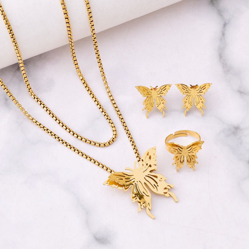Fashion Three Piece Set Titanium Steel Three-dimensional Hollow Butterfly Necklace Earrings And Ring Set