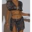 Fashion Black Polyester Rhinestone Fishnet Strappy Top And Skirt Suit