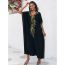 Fashion Gold Embroidery On Black Background Cotton Printed V-neck Long Skirt