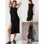 Fashion Black Round Neck Slit Knitted Cutout Sun Protection Blouse