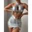 Fashion Silver Polyester Cross Halterneck Drawstring Split Swimsuit Bikini Three-piece Set