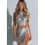 Fashion Silver Metallic Sequin Vest Slit Skirt Suit