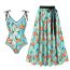 Fashion Split Umbrella Skirt Suit Polyester Printed Swimsuit Pleated Skirt Set