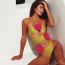 Fashion Single Green Halterneck Swimsuit Polyester Flower Contrast Color Halter Neck Hollow One-piece Swimsuit