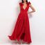 Fashion Rose Red Suit Polyester V-neck One-piece Swimsuit Pleated Skirt Set