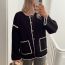 Fashion Black Woven Knitted Color-blocked Buttoned Sweater Cardigan