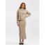 Fashion Camel Cotton Knitted Crew Neck Sweater Slit Skirt Suit