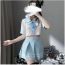 Fashion Lake Blue + White Stockings Polyester Tie Lapel Top Pleated Skirt Suit + Stockings