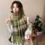 Fashion Green Polyester Checked Knit Fringed Scarf