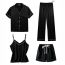 Fashion Black Polyester Lapel Short Sleeve Shorts Suspenders Trousers Pajama Set