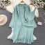 Fashion Light Green Acrylic Knitted Sweater Long Skirt Cardigan Suit